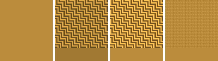 ochre yellow: flat patch, old woven patch measuring darker, calibrated woven patch, and calibrated 2px-per-thread patch, both measuring true