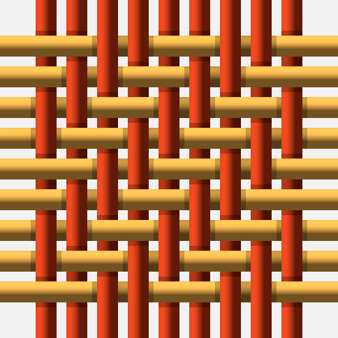 a 2/2 twill of red warp and ochre weft, pulled apart with gaps so every over-two-under-two crossing is visible